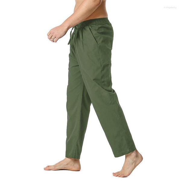 Pantalon en lin pour hommes, décontracté, Long, ample, respirant, couleur unie, pleine longueur, cordon de serrage, pantalon de Yoga, printemps