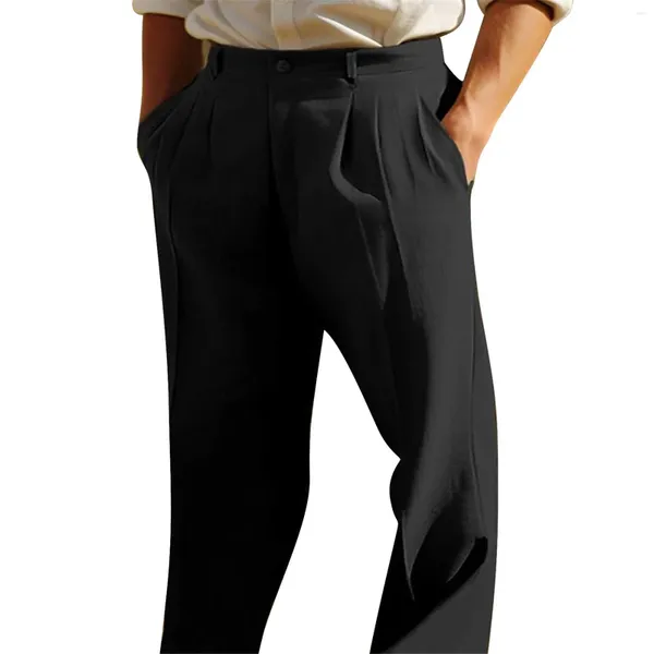 Pantalon pour hommes en lin double poche avant plissée tube droit uni bande d'entraînement 1 petit garçon de maison floue