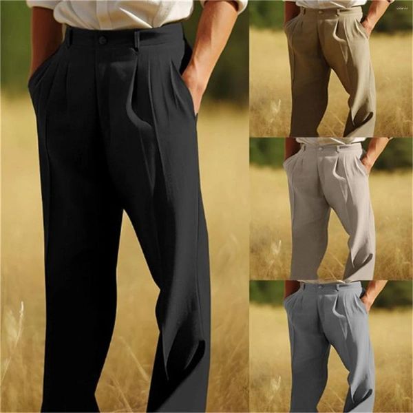 Pantalon Homme Lin Double Plissé Poche Avant Tube Droit Uni Confortable Respirant Toe Chino Hommes Stretch Outdoor Star