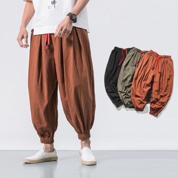 Pantalon homme lin homme été mode Hip Hop Harem hommes Joggers noir vert cordon taille élastique Baggy entrejambe pantalon de survêtement