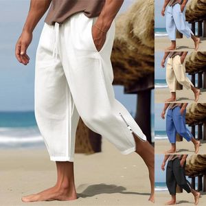 Pantalones para hombres Lino Verano Playa Cordón Cintura elástica Piernas con cremallera Glitter Mens Deep Pocket Girls Foot Slipper