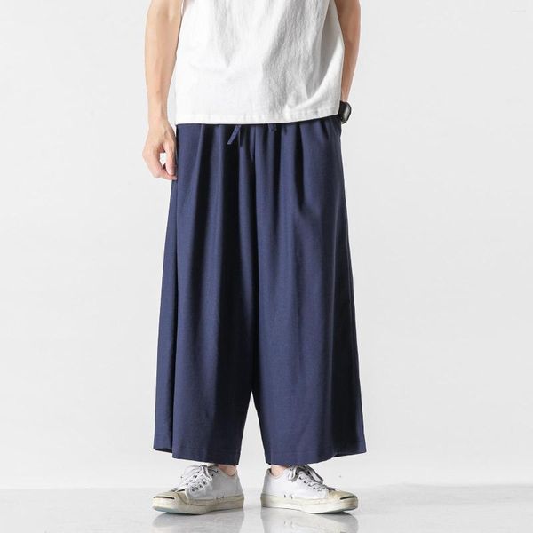 Pantalones de hombre sueltos estilo chino de talla grande ancho 2023 algodón Lino Casual recortado pantalones verano fino Harajuku Hakama hombres ropa