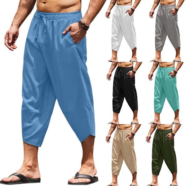 Pantalon pour hommes, cordon de serrage ample, taille élastique, vêtements de rue, été, respirant, décontracté, plage, Capris