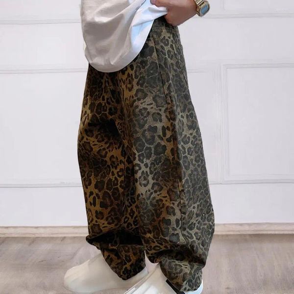 Pantalon homme coupe ample imprimé léopard Hop avec entrejambe poches respirantes pour hommes Style rétro pantalon pleine longueur Streetwear