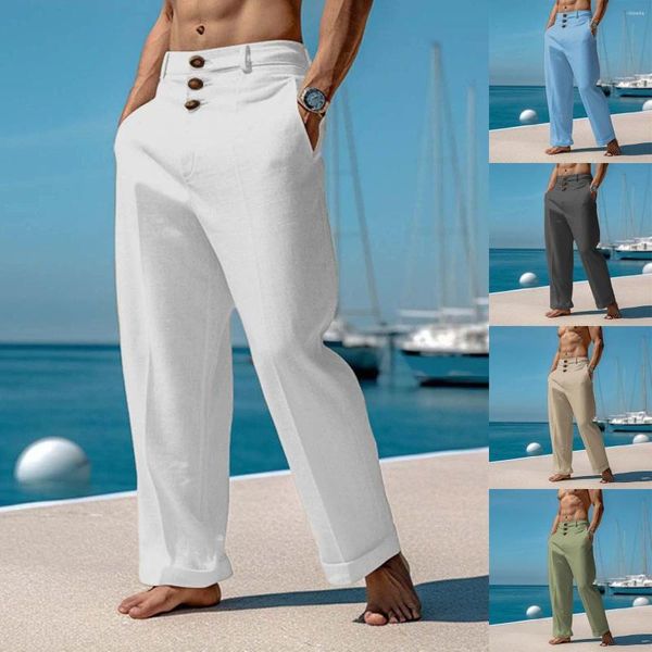 Pantalones de hombre sueltos rectos algodón lino verano casual transpirable chinos hombres estiramiento frente plano