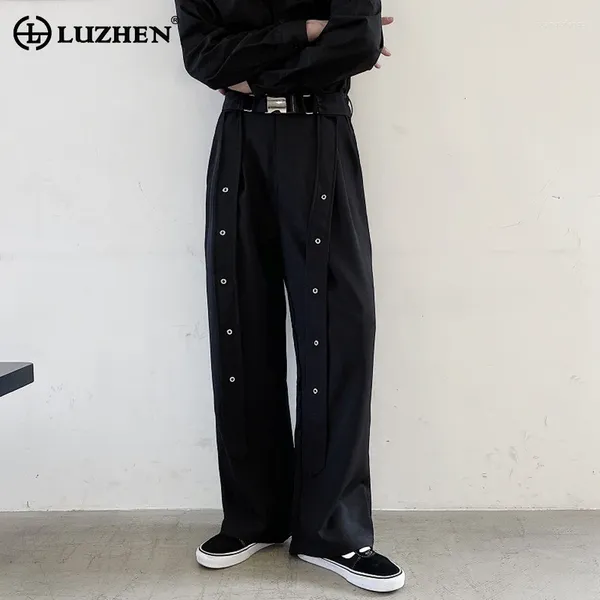 Pantalones para hombres Luzhen 2024 Correa versátil coreana Decorar pantalones informales de moda de pierna ancha de pierna heterosexual LZ1246