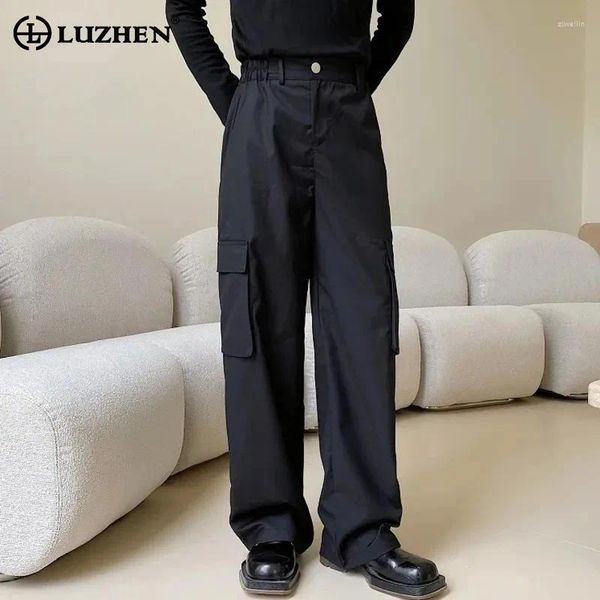 Pantalones para hombres Luzhen pantalones casuales pierna ancha primavera elegante suelto recto muchos bolsillos 2024 cintura alta cargo lz1847