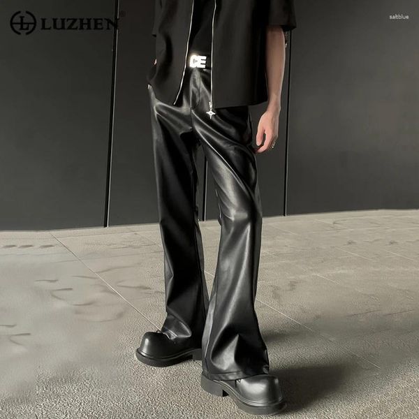 Pantalones para hombres Luzhen moda PU cuero casual nicho diseño streetwear moda pierna ancha pantalones versátiles 2023 otoño 8e841b