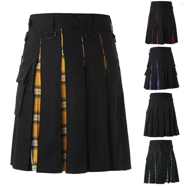 Pantalons pour hommes Mâle Noir Denim Tartan irlandais Jupes modernes Kilt 2022 Hommes écossais Plaid Print Jupe festive Vérifier Contraste Plissé