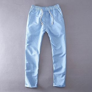 Pantalons pour hommes Pantalons décontractés pour hommes Coton Lin Solide Bleu Taille élastique Droite Pantalon ample Été Respirant Cordon Vêtements pour hommes 230512