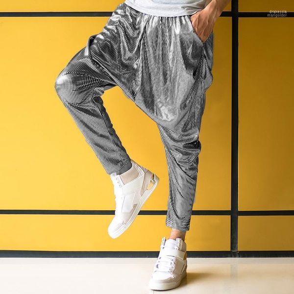 Pantalones de hombre, pantalones de entrepierna grande plateados con personalidad para hombre y mujer, trajes de actuación en escenario, Harem, pantalones ajustados de Hip Hop para hombre, Drak22 para hombre