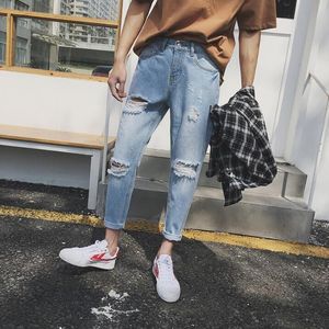 Herenbroek mannelijke potlood zomer Koreaanse versie gat mode taps toelopende jeans tiener slanke mannen negende broekjes