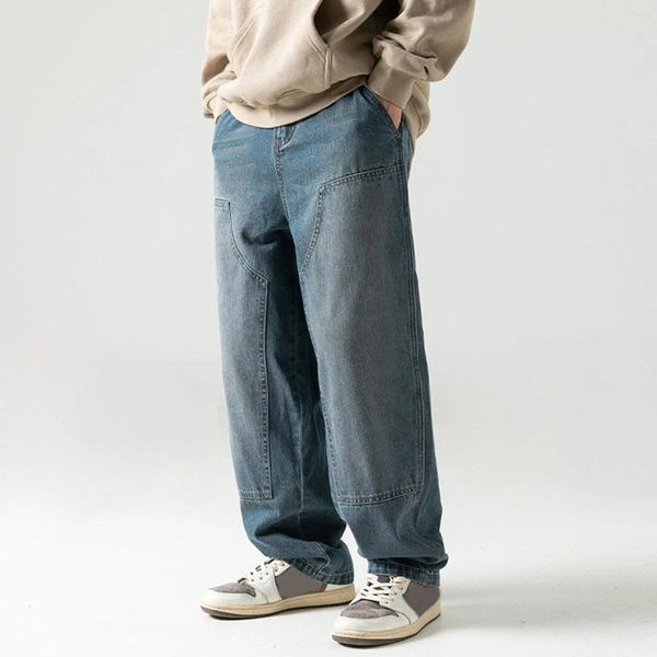Pantalons pour hommes mâle rétro lavé double genou vêtements de travail jeans décontractés coupe sarouel ample tenues poche
