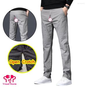 Pantalones para hombre, informales, con entrepierna abierta, lápiz, cremallera oculta inteligente, tiro alto, estilo coreano, ropa de calle a la moda, pantalones sin entrepierna