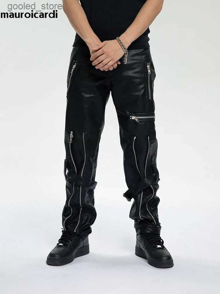 Pantalons pour hommes Mauroicardi Printemps Automne Cool Black Pu Pantalon en cuir Hommes avec de nombreuses fermetures à glissière Ceinture de luxe Designer Vêtements Pantalons Fashions 2023 Q231023