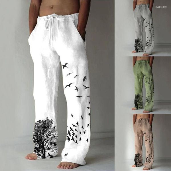 Pantalones de chándal informales para hombre, pantalones de chándal con estampado de pájaros y árboles, bolsillo de longitud completa, pantalones de lino para hombre, Jogger de gran tamaño