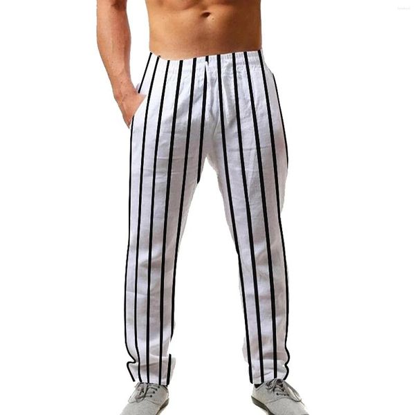 Pantalones de hombre de lino y algodón a rayas ajustados para correr deportes ejercicio estiramiento playa casa de vacaciones con calcetín