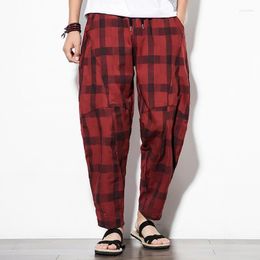 Heren broek heren heren harem plaid joggers zakken zakken casual broek mannen trekstring streetwear baggy katoen retro pantalones hombre 5xl