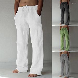 Pantalons pour hommes été décontracté ample tenue quotidienne solide pleine longueur lin doux taille moyenne poche cordon pantalon Streetwear