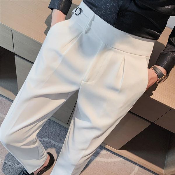 Pantalon Homme Vertical Taille Haute Mince Droite Couleur Pure Décontracté Affaires Mode Tendance Ouest Pantalon Blanc