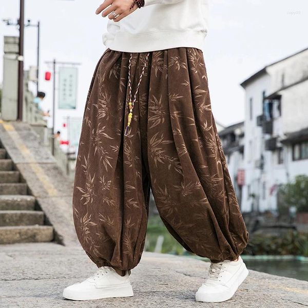 Pantalones para hombres Hombres Hoja de bambú Flor oscura Pana de alta calidad Bloomers Casual suelta cintura elástica pantalones de pierna ancha masculina marca al aire libre