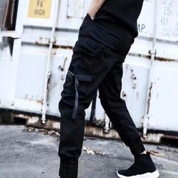 Pantalons pour hommes hommes Cargo couleur unie Hip Hop cordon sangle décor à la cheville extensible taille survêtement pantalon hommes Naom22