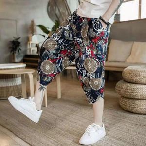 Pantalons masculins Hommes décontractés Cropyd Loose Chinois Style Retro Print Pantmand avec des poches latérales pour quotidiennement