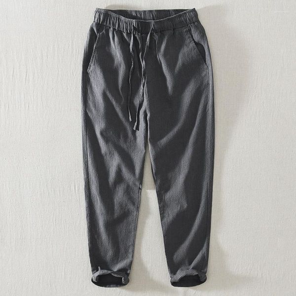 Pantalones de hombre de algodón y lino con cordón para primavera y verano, pantalones holgados transpirables con cintura elástica y bolsillo, ropa de calle de talla grande