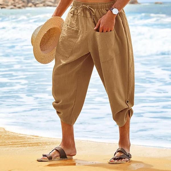 Pantalones de hombre Pantalones de verano con cintura elástica recortada para hombre Color sólido Cordón Suave Diario Media pantorrilla Longitud Playa