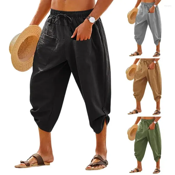 Pantalones para hombres Hombres Recortados Suave Transpirable Con Bolsillos De Parche De Cintura Elástica Pantalones Casuales De Longitud De Media Pantorrilla Para La Playa