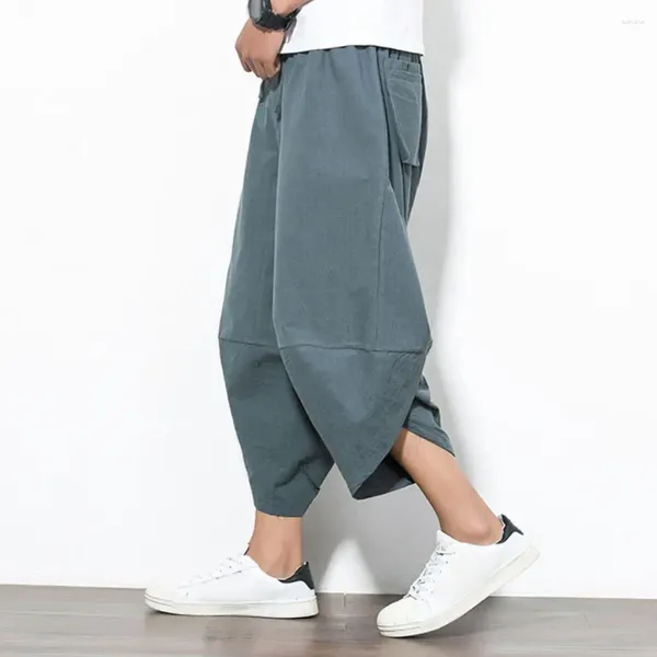 Pantalones para hombres Men pantalones recortados estilo japonés harén de medio timbre con múltiples bolsillos de entrepierna profundas para ropa diaria casual suelta