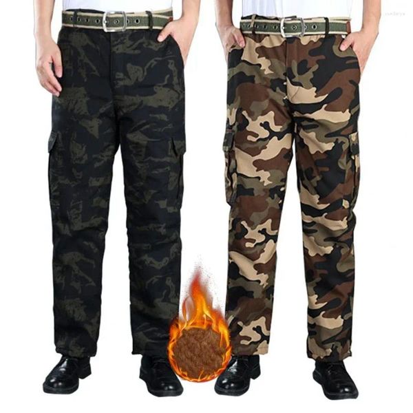 Pantalones para hombres hombres dibujo de cintura elástica camuflaje estampado grueso peluche cálido casual al aire libre cinta adhesada ropa de trabajo larga pantalón