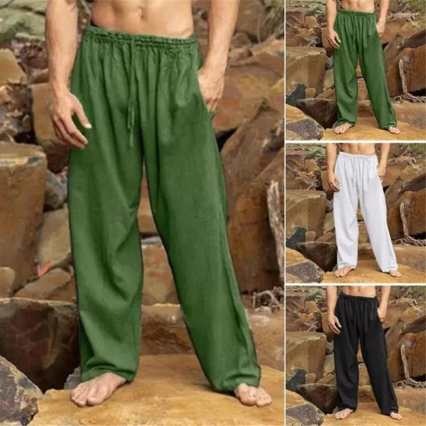 Pantalones para hombres Hombres Cordón Cintura elástica Pierna ancha Suelta Entrepierna profunda Bolsillos de color sólido Pantalones largos suaves y transpirables