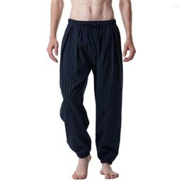 Calças Masculinas Harém Cintura Elástica Solta Estampa Listrada Cordão Profundo Virilha Esportes Calças Casuais Para Pantalones Hombre