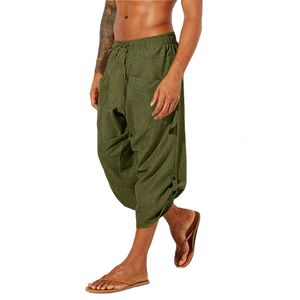 Pantalons pour hommes hommes Harem Vintage coton lin taille élastique pantalon à jambes larges femme décontracté solide poches lâche recadrée 230221