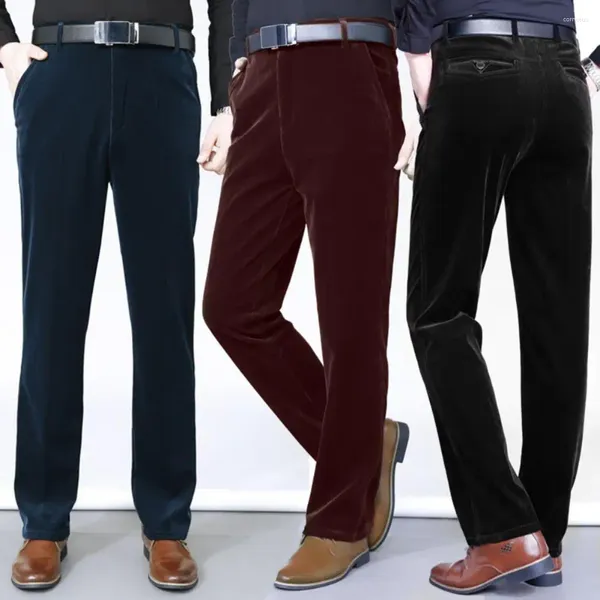 Pantalones para hombres Hombres Cintura alta Botón Bolsillos con cremallera Pantalones Color sólido Traje de entrepierna profunda Invierno Forro polar Pana