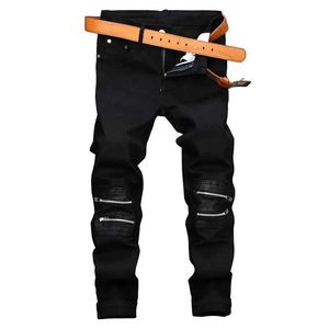 Pantalons masculins Hip Hop Jeans patchwork pantalon denim droit moto biker fashion zipper design automne masculin masculin mens noir jeans J240510