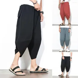 Pantalons masculins pantalon de harem à mi-mollet de style japonais avec pochettes multiples d'entrejambe pour porter un été en vrac recadré