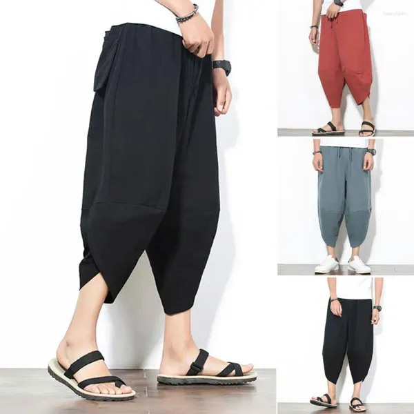 Pantalones para hombres Men estilo japonés pantalones de harema de medio calefo con múltiples bolsillos de entrepierna para usar verano suelto recortado