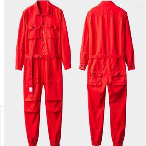 Herenbroeken Heren Jumpsuit Tailleriem Lange mouw Rood Hiphop Rompertjes Casual Comfortabel Cargo Losse overalls met meerdere zakken Werk overall