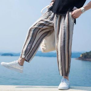 Herenbroek mannen linnen katoenen streep harem mannelijke zomer comfortabele broek Japanse vintage streetwear casual anklelength 230324