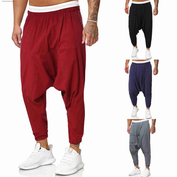 Pantalons pour hommes Hommes lin croisé pantalon hommes Baggy sarouel hommes solide noir pantalon mâle HipHop Joggers homme Streetwear jambes larges pantalon T240227