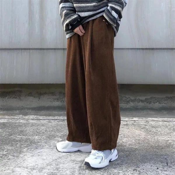 Pantalones para hombres Hombres Sueltos Recto Ancho Pierna Color Sólido Estilo Japonés Retro Cintura Elástica Bolsillos Entrepierna Profunda Pantalones Largos Casuales