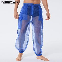 Pantalons pour hommes Hommes Bouton en maille Couleur unie 2023 Sexy Voir à travers un pantalon décontracté Vacances Respirant Poches Pantalones Hombre INCERUN 230608