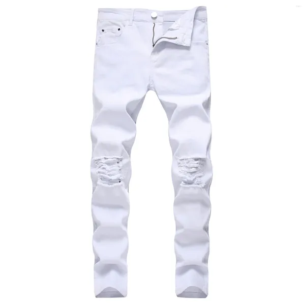 Pantalones para hombres Hombres Personalidad Streetwear Ripped Wite Skinny Jeans Punk Casual Motocicleta Denim Pantalones Pantalones Hombre