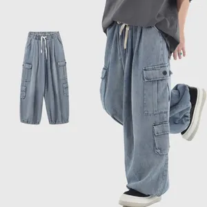 Pantalons pour hommes Hommes Coupe décontractée Jeans Hop Style Denim avec taille élastique Multi Poches Pantalon mi-pantalon Couleur unie pour le printemps