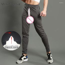 Pantalones para hombre, para correr, deportes al aire libre, jogging, Sexy, invisible, con doble cremallera, entrenamiento en la entrepierna abierta, pantalones ajustados para hombre