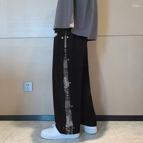 Calças masculinas # 5097 preto cinza pantalon homme streetwear moda corredores perna larga casual solto impressão reta macacão botão