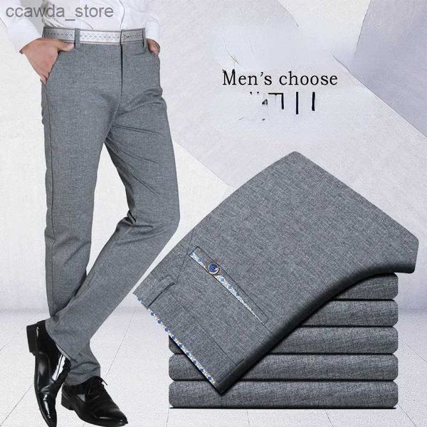 Pantalones de hombre Pantalones casuales para hombres Verano Estiramiento Seda de hielo Gris Hombre Pantalones de vestir de pierna recta Slim Fit Pantalones delgados Pantalones de traje masculino Moda Gris Q240104