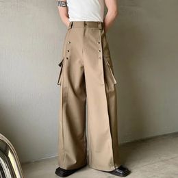 Calças masculinas casuais calças largas estilo coreano cintura alta peça de metal bolso decoração calças elegantes plus size S-XL 231013